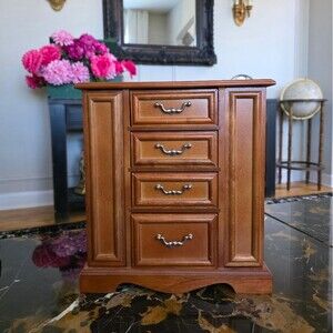 Vintage Wooden Armoire Jewelry Box Swing Out Doors 4 Drawer Ring Holder 11x12
